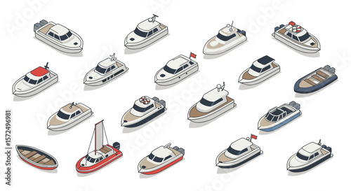 Stylized isometric collection of motorboats and yachts on white background