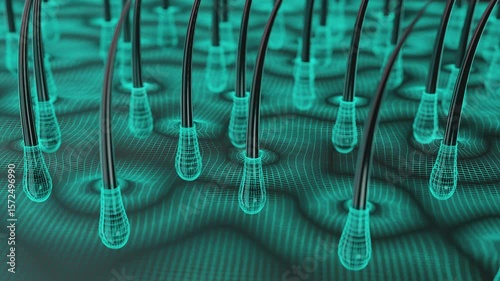 High-quality 3D animation showing close-up view of hair follicles and scalp structure. Ideal for medical, skincare, or biotechnology presentations.
