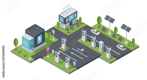Isometric electric vehicle charging station with solar panels and modern building