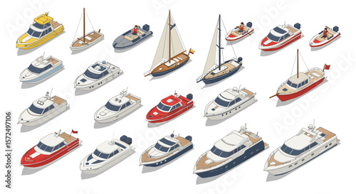 Isometric yacht collection: diverse modern boats on white background