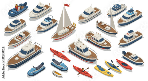 Isometric collection of boats and kayaks on a white background