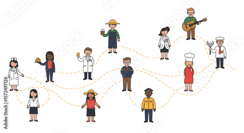 Diverse professions connected by a dotted path in cartoon style