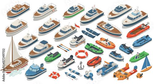 Isometric collection of diverse boats and watercrafts in vibrant colors