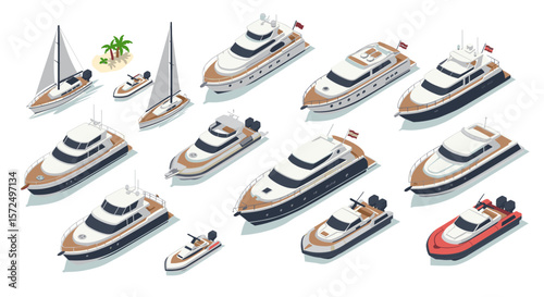 Assorted isometric yacht collection on white background