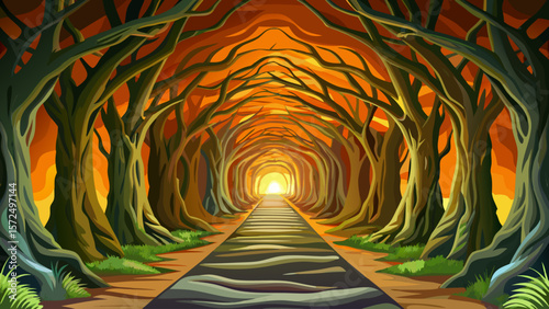 Walkway in beech forest, Leuven Belgium, natural tree tunnel, atmospheric landscape vector, eco-tourism scene, autumn foliage, pure nature, peaceful travel destination, conservation concept