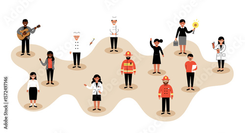 Diverse professions in flat design: doctors, chefs, musicians, and firefighters