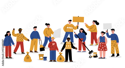 Diverse group advocating for change with signs and symbols