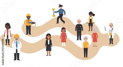 Diverse professions set in modern flat design on abstract path