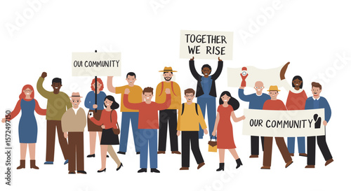 Diverse group of people standing together with unity and community signs