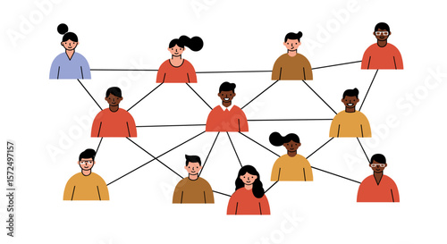 Diverse network of connected people in flat style on white background