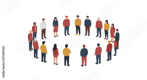 Diverse group of people standing in a circle on white background