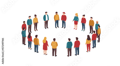 Diverse group of people standing in a circle on a white background