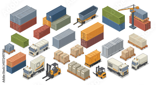 Isometric cargo logistics collection with containers, trucks, and cranes