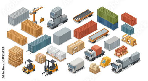 Isometric logistics and transportation set featuring containers and vehicles