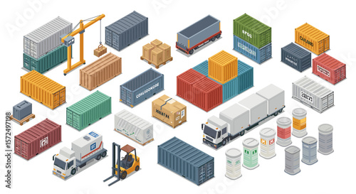 Isometric cargo and logistics: containers, trucks, and industrial equipment set