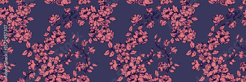 Seamless floral pattern featuring blossoms with leaves on a navy background. Perfect for textiles, wallpaper, packaging, and stationery. Elegant and sophisticate design.