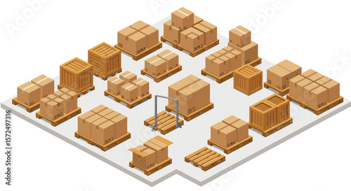 Warehouse pallets and boxes isometric design for logistics and storage solutions