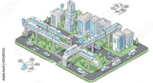 Futuristic urban transport with monorail, drones, and modern cityscape