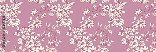 Seamless floral pattern featuring blossoms with delicate leaves. Perfect for textiles, wallpaper, packaging, and stationery. Monochrome and feminine design.