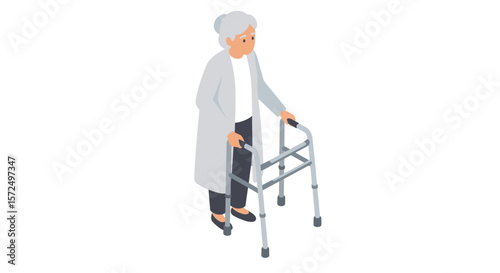 Elderly woman with walker isometric design: senior mobility and care