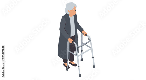 Elderly woman using walker: isometric design of senior mobility