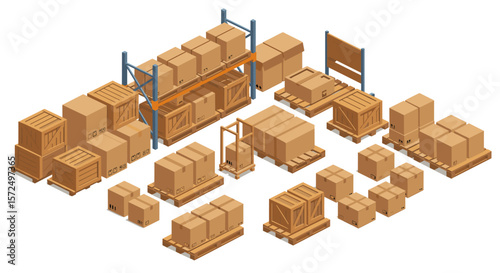 Isometric warehouse scene with stacked cardboard boxes and wooden crates on shelves