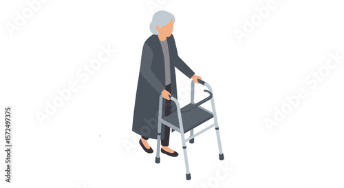 Elderly woman using walker in isometric style for mobility assistance and independence