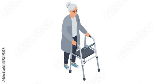 Isometric illustration of elderly woman using walker in casual outfit