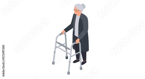 Elderly woman using walker in isometric style on white background