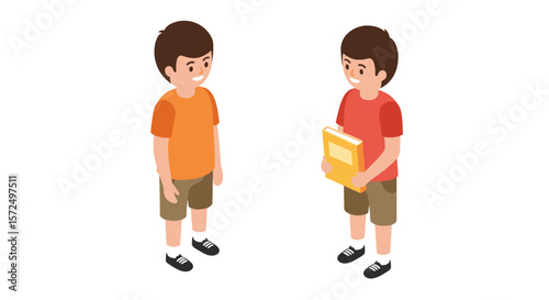 Isometric boys talking and holding books in casual attire