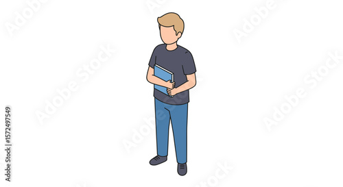 Casual character holding book in isometric style on white background