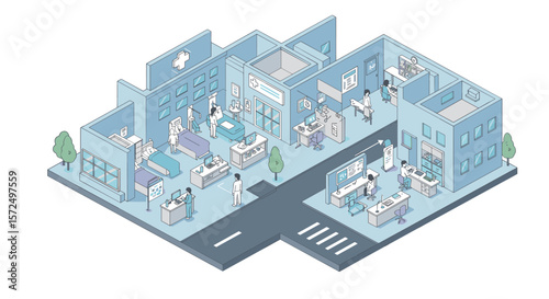 Isometric hospital layout with interior room details and medical staff activities