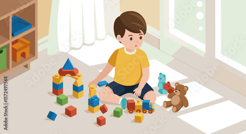 Child playing with colorful building blocks and toys in sunlit room