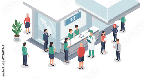 Isometric hospital reception scene with patients and staff in modern clinic environment