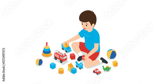 Child playing with blocks and toys on floor in isometric art style