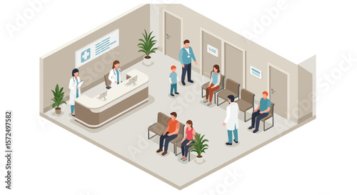 Isometric hospital waiting area with patients and medical staff in reception