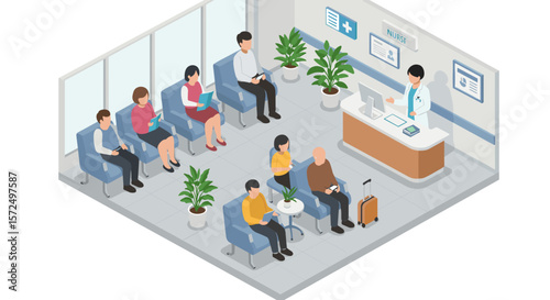 Isometric waiting room with patients and nurse in modern medical facility