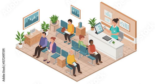 Isometric waiting room with people and receptionist in modern clinic setting