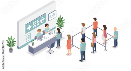 Isometric hospital reception with queue of diverse patients in modern clinic setting