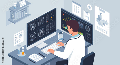 Doctor reviewing medical scans in modern office with advanced technology