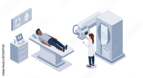 Medical imaging technology: doctor performing x-ray examination on patient