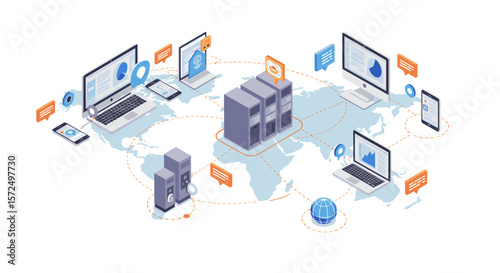 Global network communication and data exchange with servers and devices in isometric style