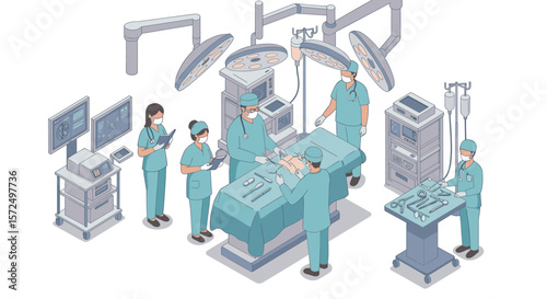 Isometric hospital surgery scene with medical team and equipment