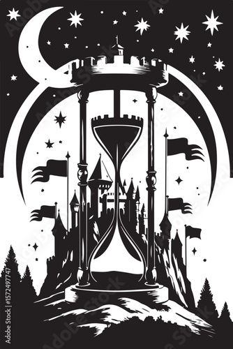 Black and White Illustration of a Surreal Hourglass Encased in a Castle-Themed Circular Structure with Fantasy Elements  
