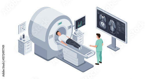 Isometric medical scanner scene with patient and doctor interaction