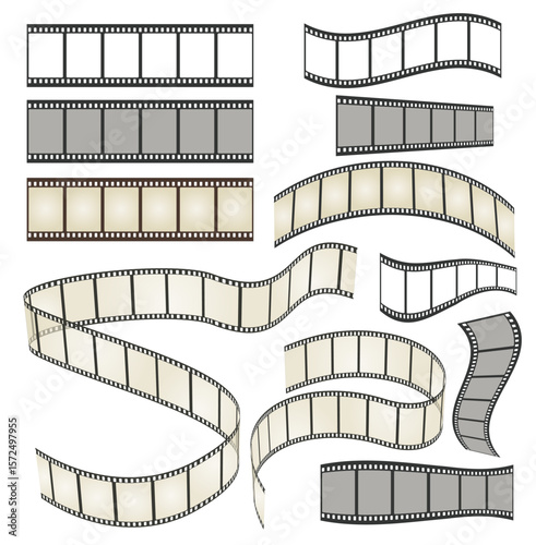 Set of filmstrip designs in black, grey, and sepia tones, traditional movie film in multiple orientations and shapes, including straight, wavy, and spiral forms