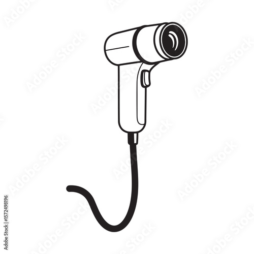 Simple black and white illustration of a modern hair dryer isolated on white background