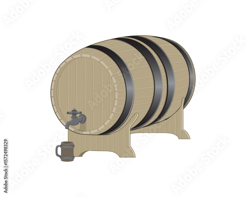Vector illustration design of a barrel containing wine complete with a tap and a beer mug made of wood to hold the wine