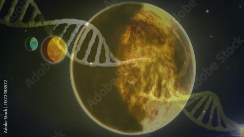 Purple-tinged DNA helix scrolling from right edge over brown planet, revealing rotating textures