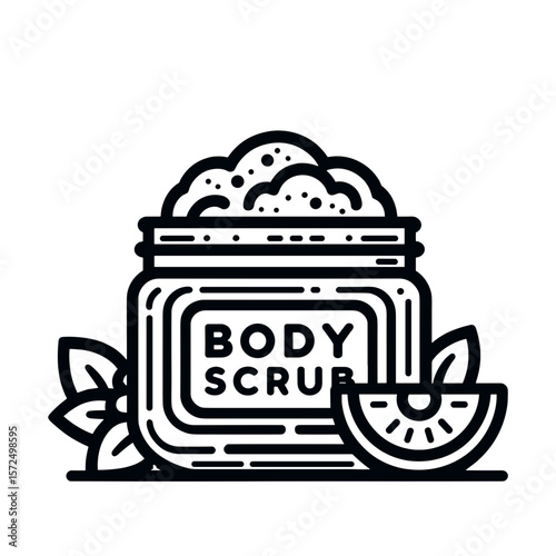 Body scrub jar with leaves and citrus slice on white background  